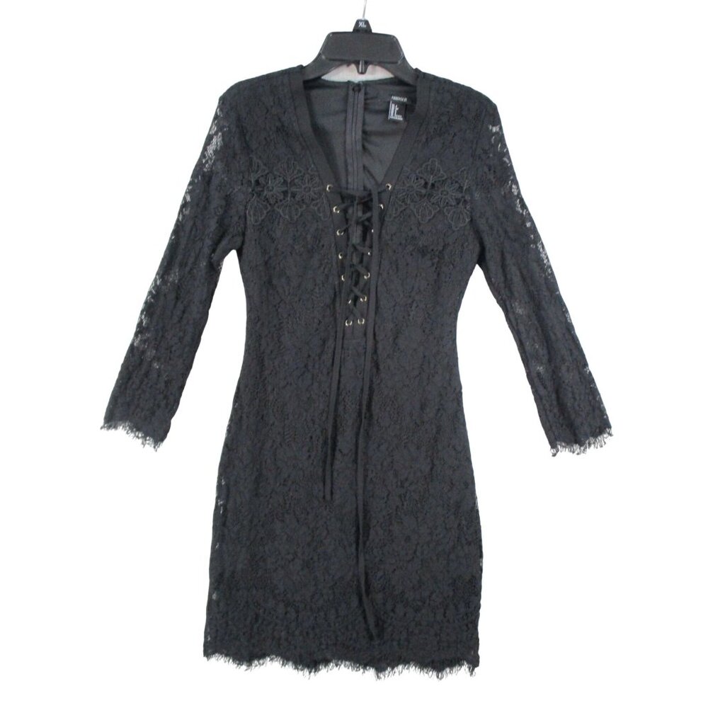Y2K Whimsigoth Forever 21 Black Lace Dress With Lace-Up Detail & 3/4 Sleeves / S